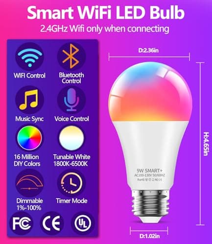 luckystyle Smart Light Bulbs, 9W A19 E26 800LM WiFi Bluetooth LED Bulbs Compatible with Alexa, Google Assistant & Home, 16 Million Colors Music Sync Color Changing Dimmable RGBWW Lights Bulb (4) 2