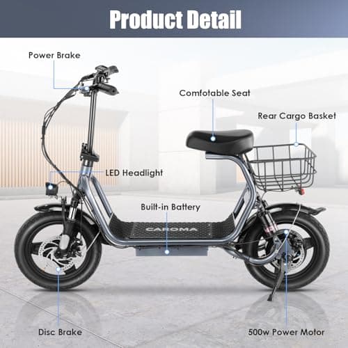 Caroma Electric Scooter with Seat for Adults, 1200W/800W Peak Motor, 30Miles Long Range & 20Mph, 14" Fat Tire Foldable E Scooter with Basket for Commuting (14" Tire-800W-25Miles, Frosted Grey) 7