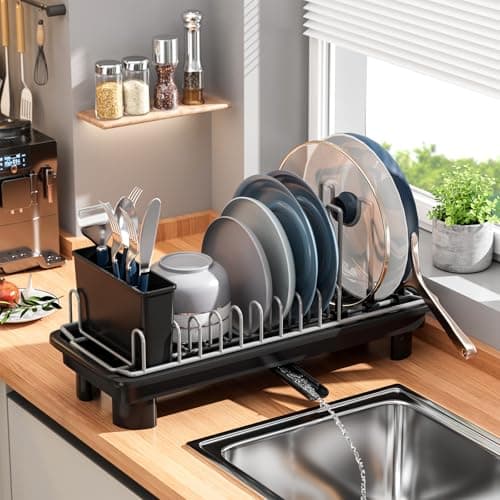 SanDream Small Dish Drying Rack with Removable Utensil Holder & Anti-Scratch Base - Stainless Steel Dish Rack, Dish Drying Rack with Drainage & Space Saving Design for Kitchen Counter, Black