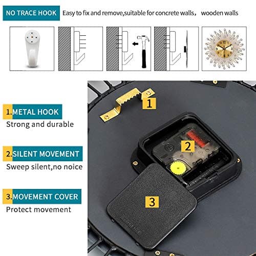 YIJIDECOR Large Wall Clocks for Living Room Decor Modern Gold Silent Wall Clock Battery Operated Non-Ticking for Bedroom Kitchen Home Decorative 14 Inch Round Metal Crystal Wall Watch for Office 6