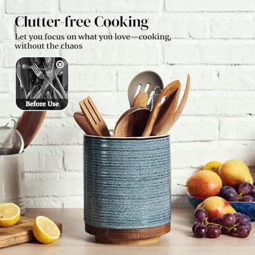 DOWAN 360° Rotating Extra Large Cooking Utensil Holder, 7.6" Kitchen Utensil Holder for Countertop, Utensil Crock for Farmhouse Kitchen Decor, Ceramic Stable Utensil Caddy, Blue 5