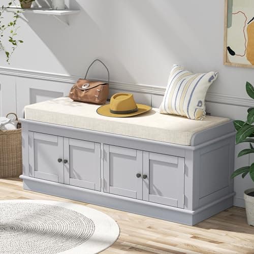 ROOMTEC 42.7″ Storage Bench w/4 Doors and Adjustable Shelves, ShoeBench w/Removable Cushion & Seating for Entryway Living Room Hallway Bedroom, Assembled Gray Wash