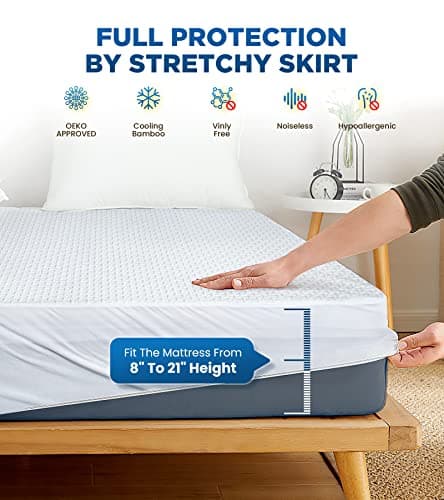 100% Waterproof Queen Mattress Protector Breathable Cooling 3D Air Fabric Mattress Cover Smooth Soft Hypoallergenic Noiseless Bed Cover Machine Washable Vinyl Free, 8-21'' Deep Pocket 6