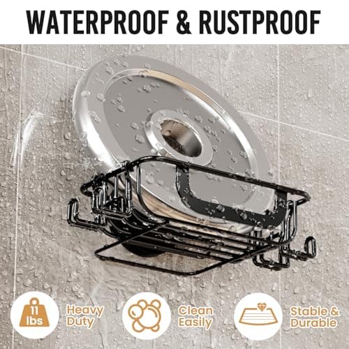 LEVERLOC Soap Holder Dish Bar with Hooks, Bar Soap Holder Suction Cup Wall Mounted, Self Draining Stainless Steel NO-Drilling Removable Waterproof for Shower Bathroom Bathtub Sink-Black 6