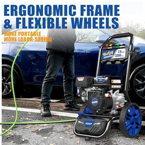 TOOLCY Gas Pressure Washer 3200 PSI & 2.6 GPM, High Performance Engine, Includes Swivel Spray Gun and Wand, 35FT Power Washer Hose, 5 Nozzle Tips, Onboard Soap Tank, for Cars/Driveways/Homes 7