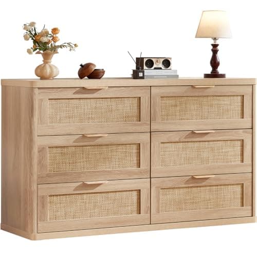 LEYAOYAO Rattan 6 Drawer Dresser for Bedroom, Boho 54" Wide Natural Wood Dresser Chest of Drawers, Dressers TV Stand with Metal Handle, Storage Dressers Closet Organizer for Living Room, Hallway