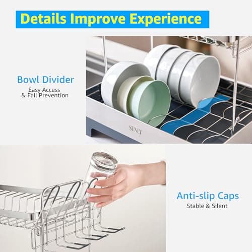 SUNLY Large Dish Drying Rack, Multipurpose 2 Tier Dish Racks for Kitchen Counter, 304 Stainless, Extra Large Drain Board, Gray 7