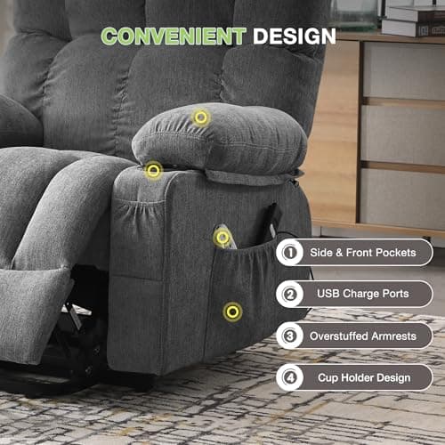 BOSMILLER Power Lift Recliner Chair for Elderly with Massage and Heat,Electric Lift Recliner Chair with Cup Holder,2 Side Pockets and USB Charge Port for Living Room,Grey 7