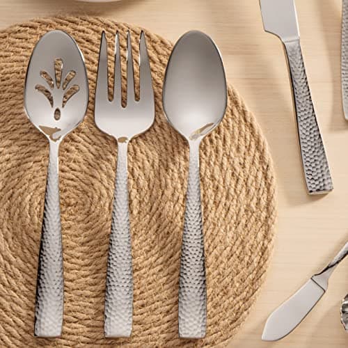 Hudson Essentials 6-Piece Hammered 18/10 Stainless Steel Silverware Serving Spoons and Forks Set - Hostess Buffet Flatware 6