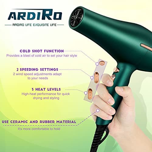 ARDIRO 2000 Watt Negative Ionic Hair Dryer, Professional Salon Blow Dryer, Low Noise Fast Drying & Powerful AC Motor and Diffuser Comb for Men Women,3 Heat & 2 Speed Settings, Easy to Use- Green 5