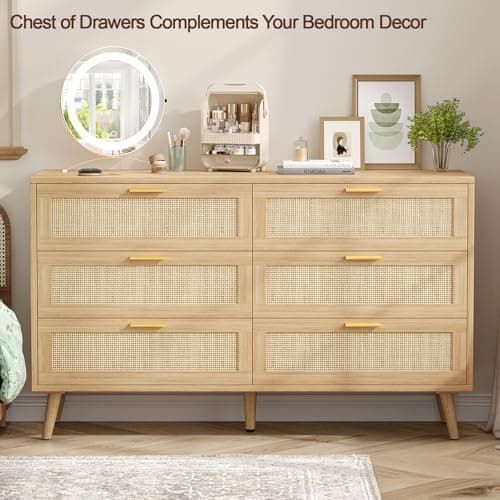 Rovaurx Rattan 6 Drawer Double Dresser for Bedroom, 47.2" Wide Boho Chest of Drawers, Modern Wooden Dresser Chest with Golden Handles, Beside Table for Closet, Living Room and Entryway, Natural Oak 7