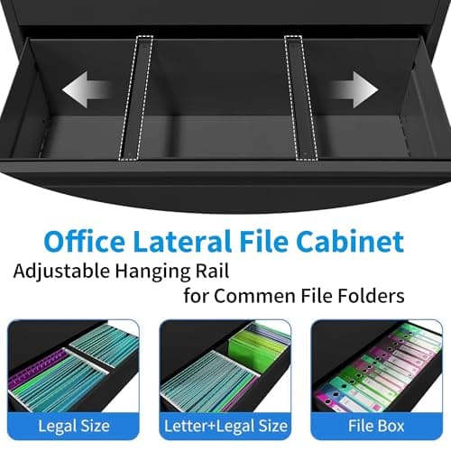 EKJ 2 Drawer Lateral File Cabinet with Lock, Metal Lateral Filing Cabinet for Home Office, Steel Wide Horizontal Filing Cabinets for Letter/Legal/A4/F4 Hanging Files (Black) 5