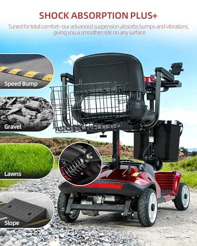 MobiCyc MS08 4-Wheel Mobility Scooter for Adults & Seniors, 18 Miles Removable Lithium Battery, 330 lbs Capacity, 350W Motor, Front/Rear Baskets, Phone Holder & Cup Holder, Compact(Red) 6