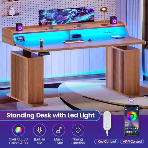 SEDETA Standing Desk with Storage, 55" Fluted Stand Up Desk with Power Outlets & LED Lights, Height Adjustable Table with Monitor Shelf for Home Office, Gaming, Brown 8
