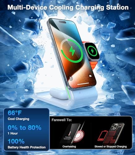 TORRAS 3 in 1 Charging Station with MagSafe Charger Stand, Cooling 15W Max Fast Charging, Foldable Wireless Charger for iPhone 15/14/13/12, Apple Watch S1-8/Ultra, AirPods(30W USB-C Charger Included) 7