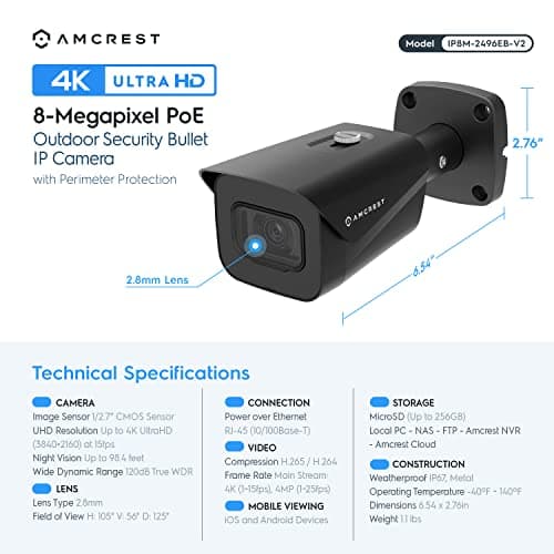 Amcrest UltraHD 4K (8MP) Outdoor Bullet Security IP POE Camera, 98ft NightVision, 2.8mm Lens, IP67 Weatherproof, 256GB MicroSD Recording, Black (IP8M-2496EB-V2) 6
