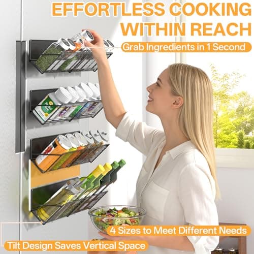 DTUQYX Magnetic Spice Rack for Refrigerator 4 Pack, Extra Long Strong Magnetic Fridge Shelves(14-16.5 inch), Space Saving Spice Organizer 45° Tilt, No Drilling Home Kitchen Laundry Storage Shelves 6