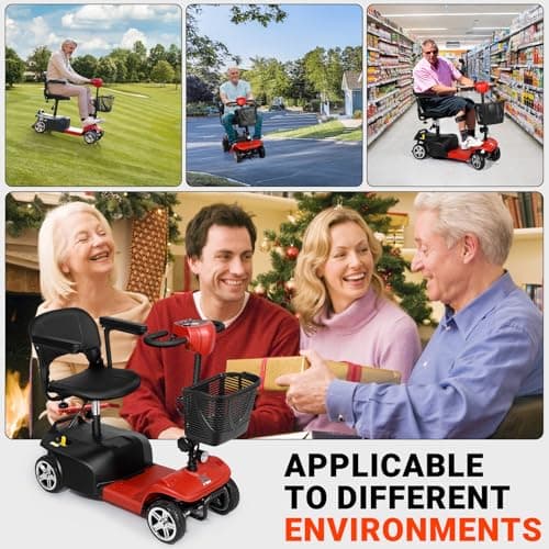 FWFFWF Mobility Scooter, 4 Wheels Rechargeable Electric Scooter for Adults and Seniors W/Lights,Removable Basket, Rotating Seat and Cup Holder, Red 5