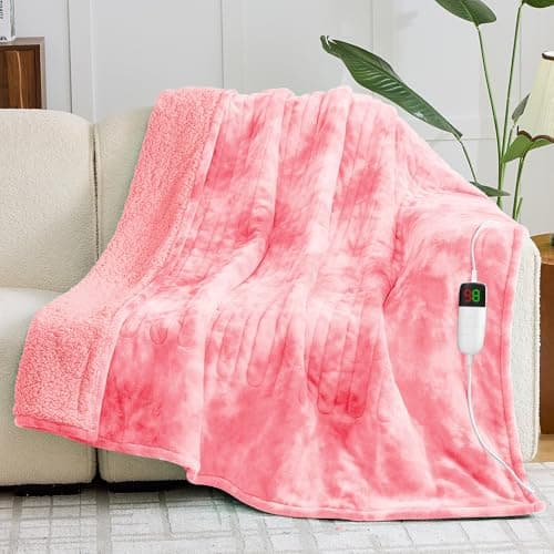 greenoak Heated Electric Blanket Throw, Faux Fur Sherpa Heating Blanket for Sofa Bed, Warm Winter Gifts for Women/Her, Heater Lap Blankets 5-Position Timer &10 Heating Levels 50''*60" PIink