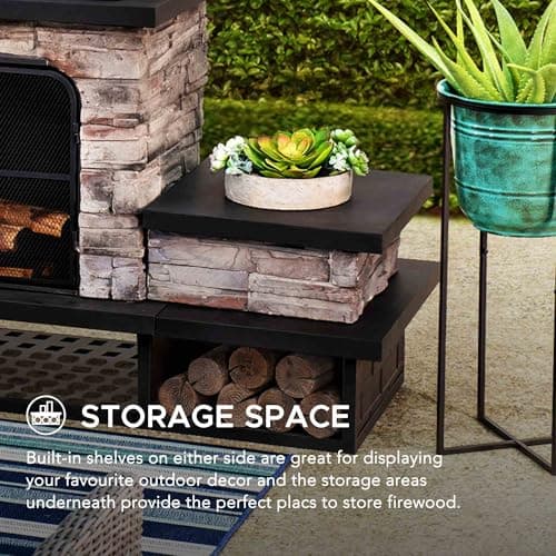 Sunjoy Outdoor Fireplace, Patio Wood Burning Fireplace with Steel Chimney, Mesh Spark Screen Doors, Fire Poker, and Removable Grate, Black 6