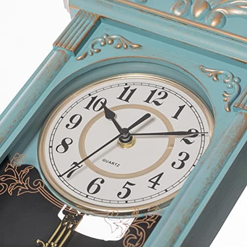 Clockswise Vintage Grandfather-Style Wall Clock with Wood-Effect Plastic Pendulum Battery-Operated for Home Decor Living Room Home Office Kitchen or Dining Room (Blue, 16 Inch) 5