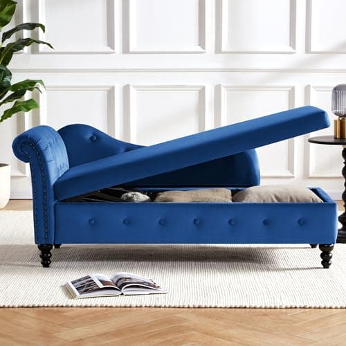 Weture Tufted Velvet Chaise Lounge Indoor with Storage, Upholstered Rolled Arm Lounge Chair with Nailhead Trim, Button Tufted Chaise Lounge for Living Room Bedroom Office, Blue 6