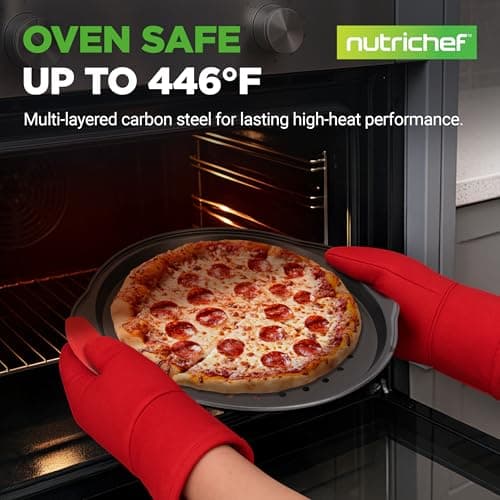 NutriChef 13-Inch Nonstick Pizza Tray - Round Carbon Steel Non-Stick Pizza Pan with Perforated Holes, Premium Bakeware Pizza Screen with Silicone Grip Handles, Dishwasher Safe - NCBPIZ1 7