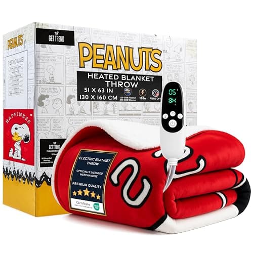 Get Trend Peanuts Snoopy Heated Blanket Electric, Luxurious Fleece Throw, 9 Heat Settings, Auto Shut-Off, 50x65in, Gifts for Mom, Grandma, Grandpa (Red Snoopy, Throw US)
