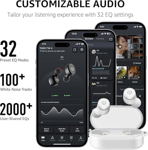 TOZO T10 Wireless Earbuds Bluetooth 5.3 Headphones, App Customize EQ, Ergonomic Design, 55H Playtime, Wireless Charging Case, IPX8 Waterproof Sound in-Ear Headset, New Version 7