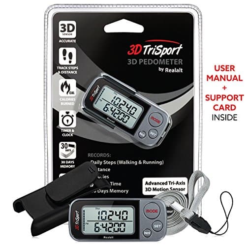 Realalt 3DTriSport 3D Walking Pedometer with Clip & Strap, Accurate Step Counter with 30-Day Memory, Distance in Miles/KM Large Display Perfect for Seniors & Beginners eBook Included - Grey/Black 7