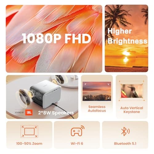 [Sound by JBL & Seamless Autofocus] Yaber 1080P Projector with WiFi 6 and Bluetooth, Portable Outdoor Movie Projector, Home Theater Projector for iPhone/TV Stick/HDMI/USB/Laptop/PS5-White 7
