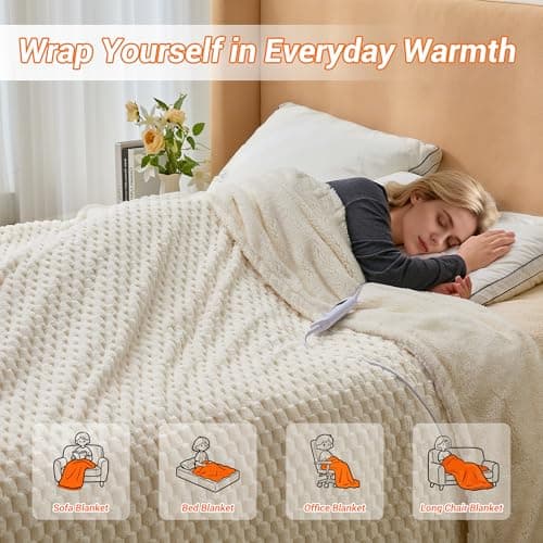 GarveeHome Heated Blanket Electric Blanket King Size 90 in x100 in, w/Dual Control,10 Heating Levels & 10 Hours Auto Shut Off, Cozy Soft Fleece Fast Heating Blankets Gift, Machine Washable,Beige 7