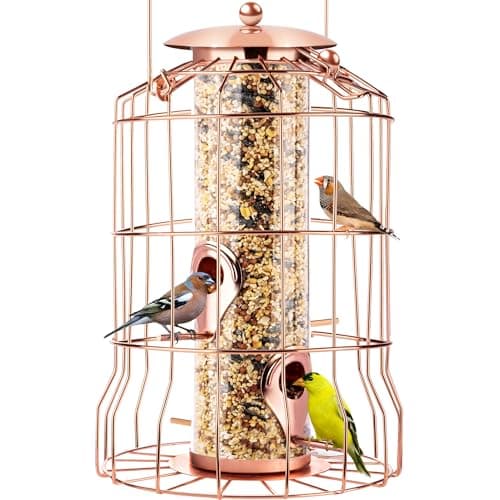 Squirrel Proof Bird Feeder for Outdoors Hanging (Metal Rose Gold) Bird Feeder with 4 Ports, Chew-Proof & Weather Resistant, Backyard Gift (10.25 x 6.25 x 6.25 inches)