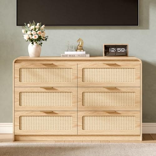 Ieejdn Mid Century Modern Dresser,Rattan 6 Drawers Dresser for Bedroom, 47" Wide Wood Dressers & Chests of Drawers/Curved Profile Design, Natural Texture for Bedroom, Living Room, Natural