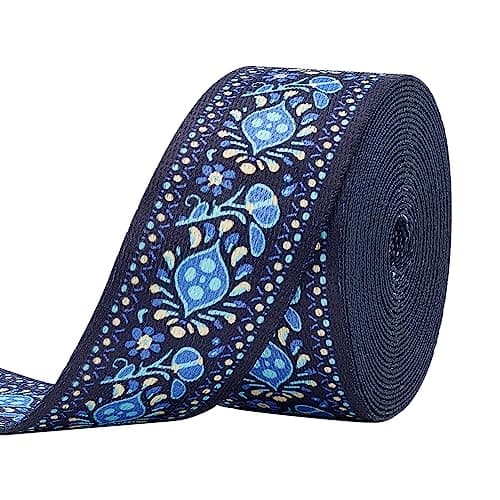FINGERINSPIRE 5 Yards Vintage Jacquard Ribbon Trim 1-1/2 inch Royal Blue Ethnic Style Embroidery Polyester Ribbons Flower Pattern Sewing Decorative Trim DIY Craft Accessories for Cloth Home Decor