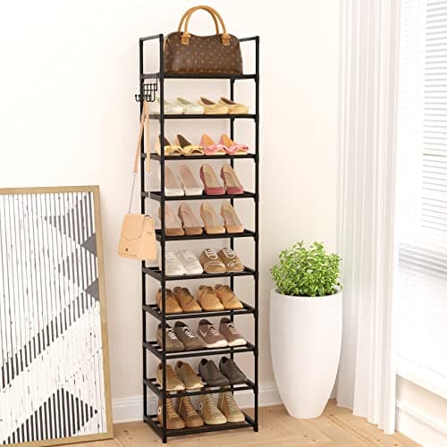 WEXCISE Narrow Shoe Rack 10 Tiers Tall Shoe Rack for Entryway 20 24 Pairs Shoe & Boots Organizer Storage Shelf Durable Black Metal Stackable Shoe Cabinet with Hooks, 17.1D x 11.8W x 78.7H in 8