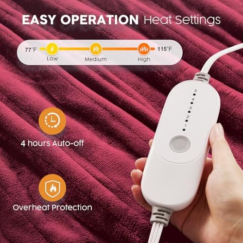 HYLEORY Heated Electric Blanket Twin 62"x84" Soft Fleece & Flannel with 5 Heating Levels & 10 Hours Timer Auto Shutt Off, ETL Certified, Washable，Heated Blanket for Body-Red 3