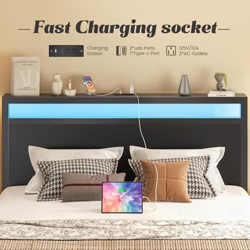 Fluest Queen Bed Frame with Headboard & Footboard, Bed Frame with Built-in Charging Station & LED Light, Storage Shelf, Noise-Free, No Box Spring Needed, Easy Assembly, Classic Black 5