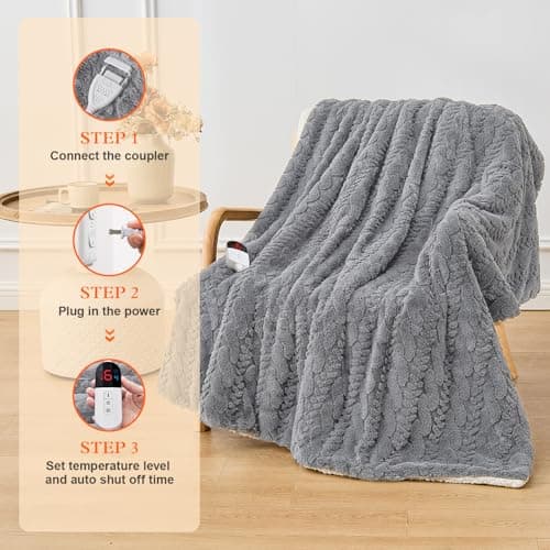Easthome Electric Heated Blanket Queen Size Dual Control - Jacquard Shaggy Sherpa 84"x90" Fast Heating Bed Blankets with 6 Heating Levels & 10 Hours Auto Off, Over-Heat Protection ETL, Light Gray 6