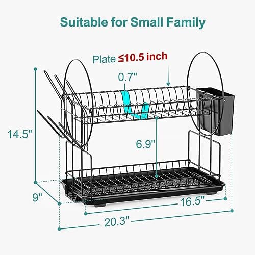 iSPECLE Dish Drying Rack - 2 Tier Small Dish Racks for Kitchen Counter with Drainboard, Utensil & Glass Holder, Small Dish Dryer Rack, Multifunctional Dish Drainer for Kitchen Organization, Black 6