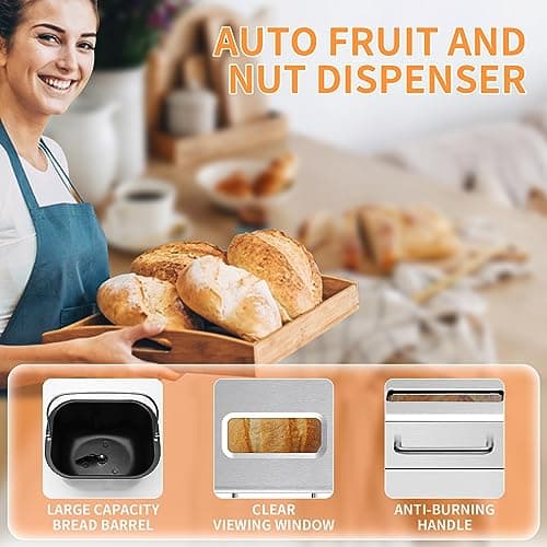 SEEDEEM 16 in 1 Bread Machine, 2.2LB Stainless Steel Bread Maker with Fruit and Nut Dispenser, Nonstick Ceramic Pan, 3 Crust Colors, 3 Loaf Sizes & Touch Panel Recipes, Silver 7