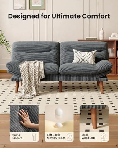 Amada 66" Convertible Futon Sofa Bed, Corduroy Folding Futon Set with Adjustable Backrest &Armrests, Recliner Lounge for Living Room, Apartment or Office, Solid Wood Frame, Loveseat Sofa - Grey 7