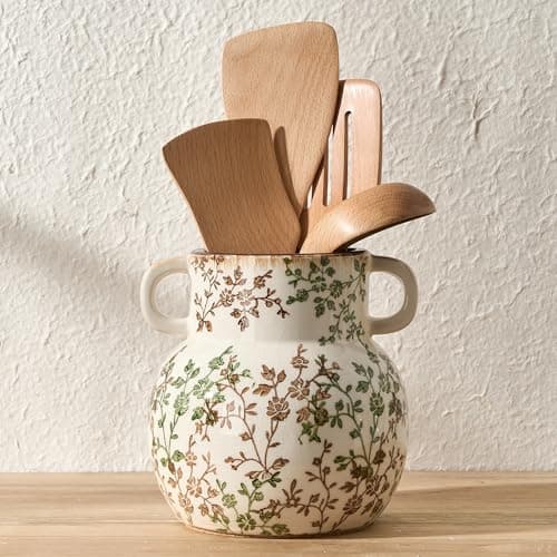 JIEMEI HOME Kitchen Utensil Holder with Handle, 6.85" Stable Pastoral Floral Ceramic Utensil Crock for Countertop, Utensil Organizer with Cork Bottom, Spatula Holder For Kitchen Decor, Green and Beige