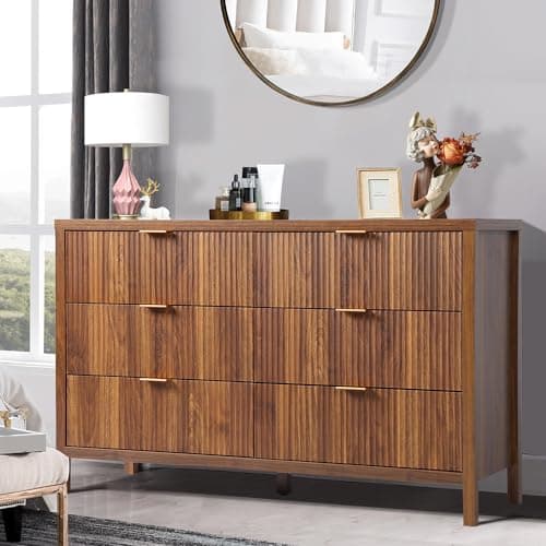 6 Drawer Dresser Cabinet, Long Nightstand with Drawers and Storage Cabinet, Farmhouse Solid Wood Dresser TV Stand, Mid Century Modern Nightstand with 6 Drawer Side Table for Bedroom Closet (Walnut) 2