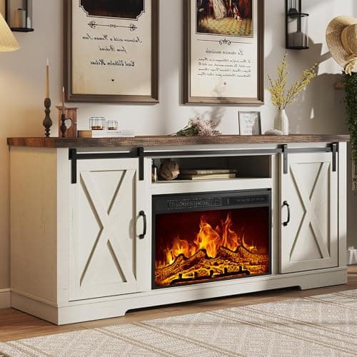 AMERLIFE Fireplace TV Stand with Sliding Barn Door for TVs up to 65", Farmhouse 59" Fireplace Entertainment Center with Storage Cabinets/Adjustable Shelves, Distressed White & Barnwood