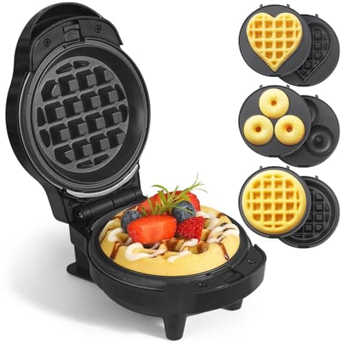 UVFAST Mini Waffles Maker with 6 Removable Plates, 3 in 1 Small Waffle Maker Mini- Waffle, Heart Waffle, Donut, 4.5" Non Stick Waffle Iron for Kids and Families, Black