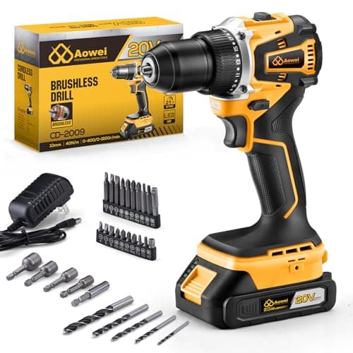 Aowei 20V Brushless Cordless Drill/Driver, Compact Power Drill Set, Yellow Rechargeable Lithium-Ion Drill Kit, including 2.0Ah Battery, Charger and 3/8-inch Keyless Chuck