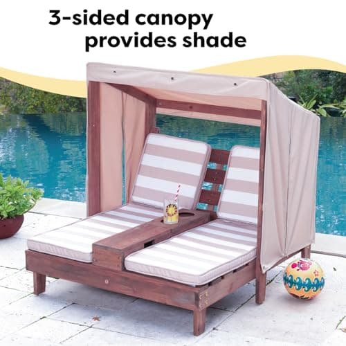 KidKraft Wooden Outdoor Double Chaise Lounge with Cup Holders, Patio Furniture for Kids or Pets, Espresso with Oatmeal and White Striped Fabric 7