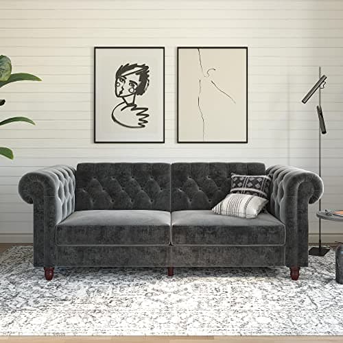 DHP Felix 90 Inch Futon Sofa Bed in Velvet Fabric, Upholstered Chesterfield Couch Sleeper with Tufted Back, Baroque Legs and Rolled Arms, Dark Gray