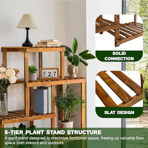 VICTORY RELAX 5 Tier Acacia Wood Plant Stand, Wooden Stepped Slatted Holder Up to 9 Pots, Tall 48 Inch Storage Rack Cabinet for Balcony Living Room Deck Balcony Garden Patio 6